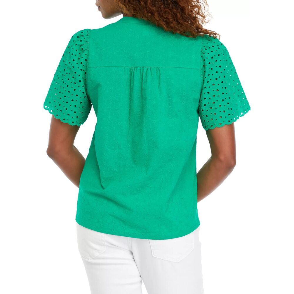 Women's Crown & Ivy Green Eyelet Puff Sleeve Knit Top EUC | Sz L - Picture 5 of 6